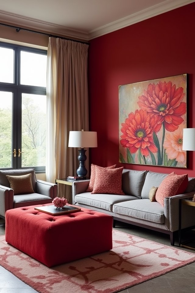 red ottoman enhances decor