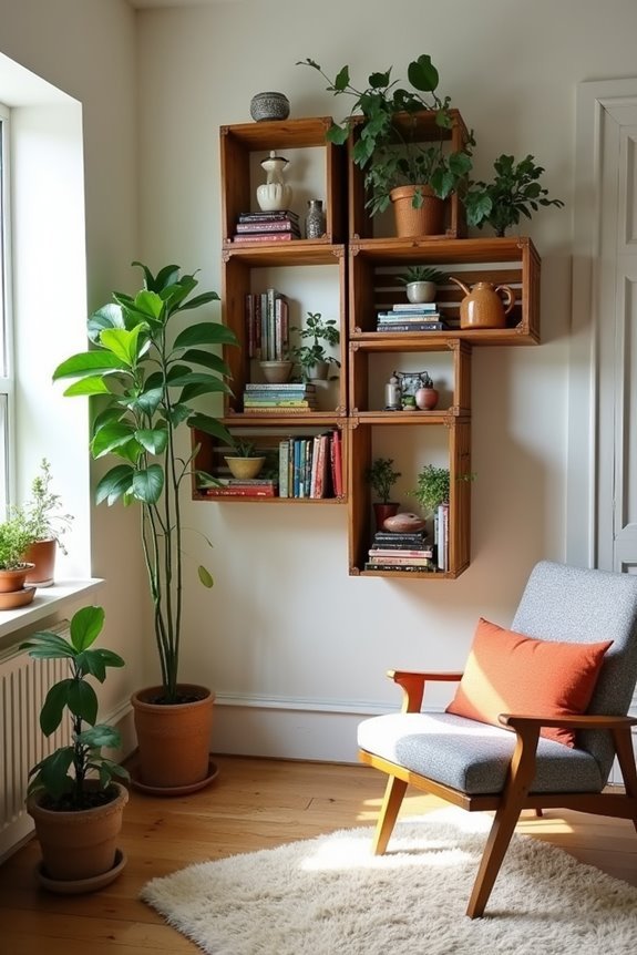 repurposed crates as shelves