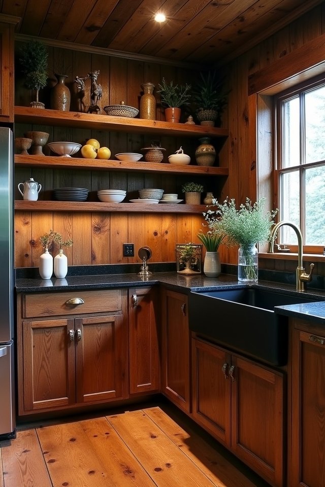 rustic kitchen with black countertops