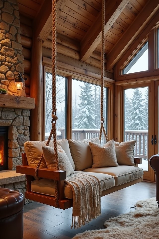 rustic swing in cabin