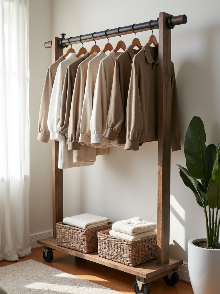 rustic wooden garment rack