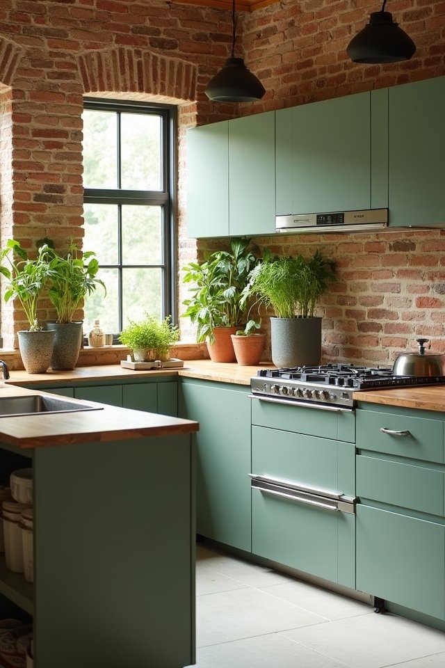 sage green brick kitchen
