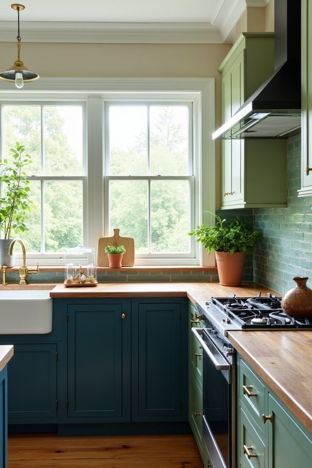 sage green deep blue cabinets