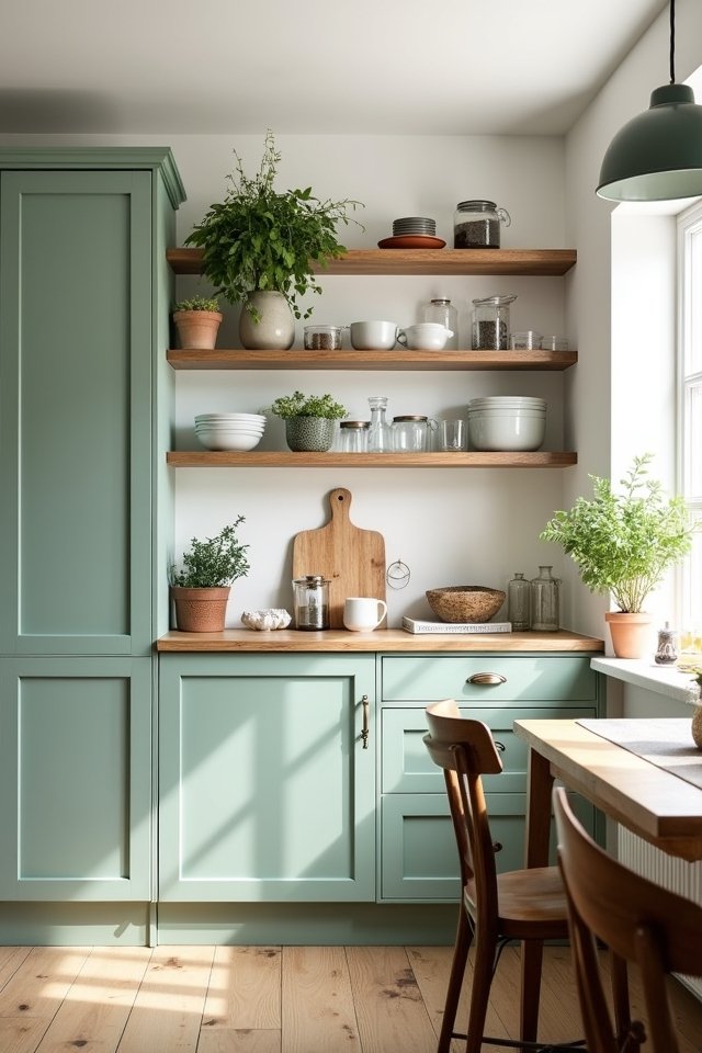 sage green open shelving