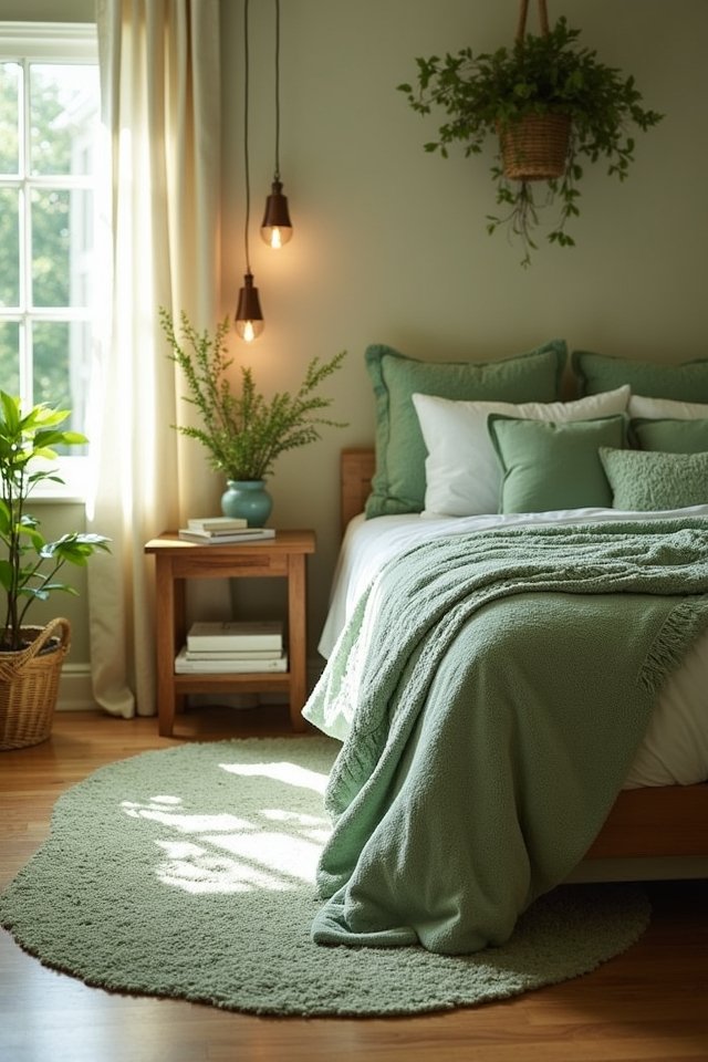 sage green pillows and rugs