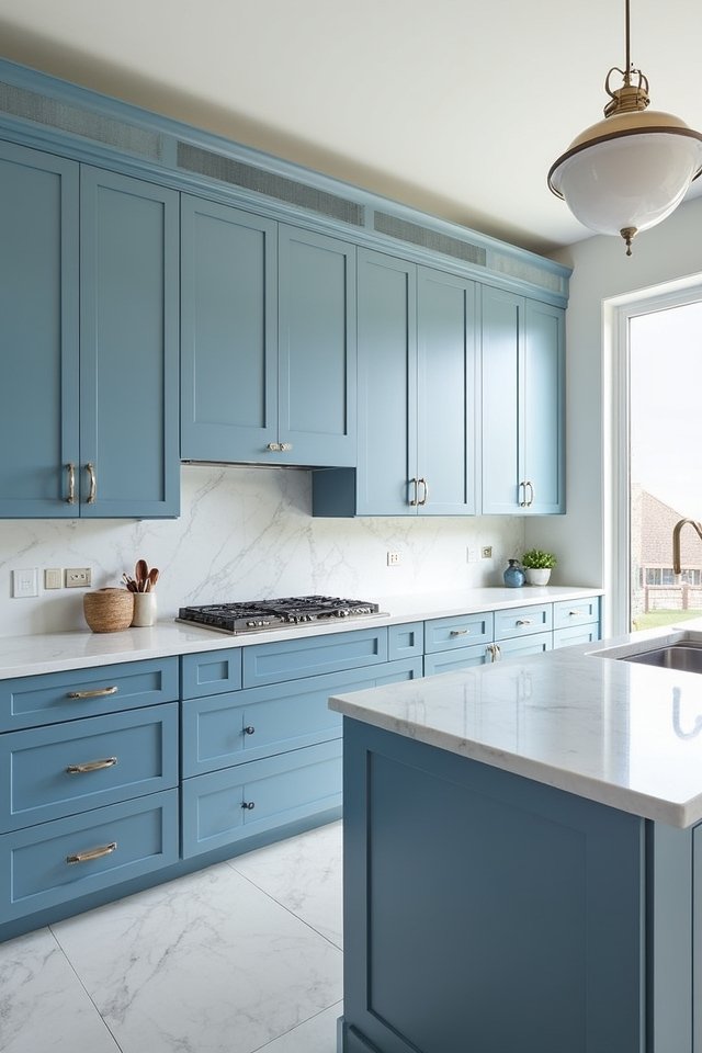 sleek hardware enhances blue cabinets