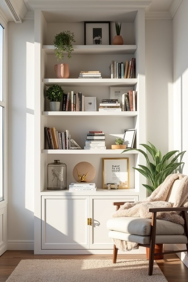 stylish artistic white bookshelves