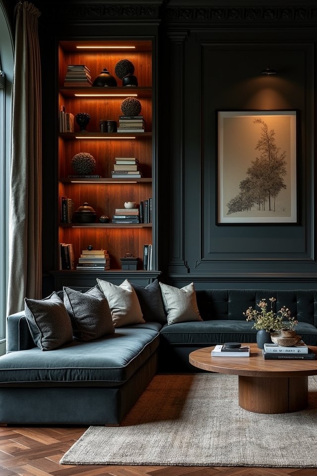 stylish dark stained bookshelves
