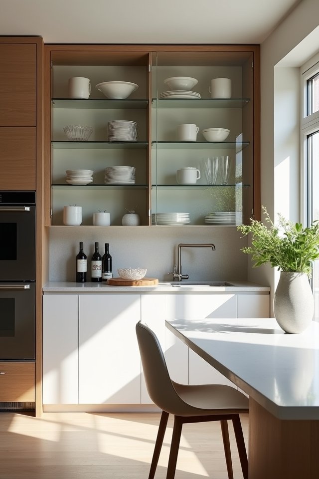 stylish glass front kitchen hutch