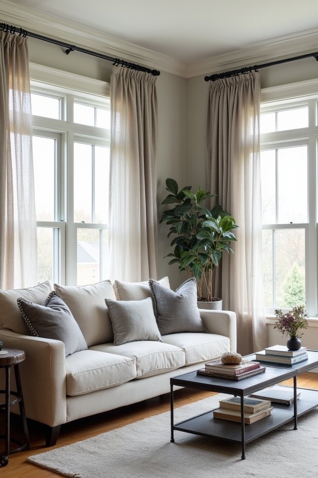 stylish gray and beige window treatments
