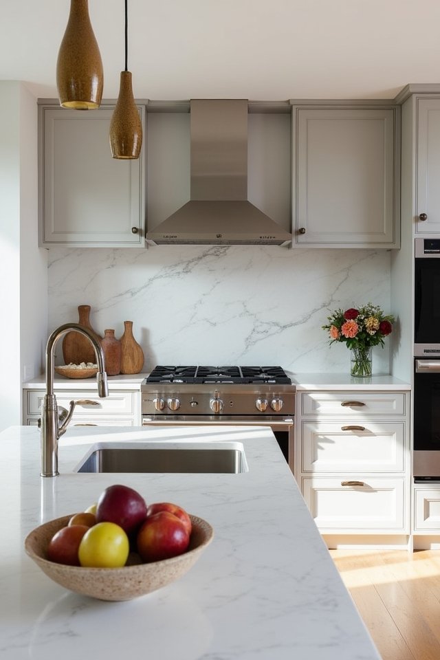 stylish grey cabinets elegant surfaces