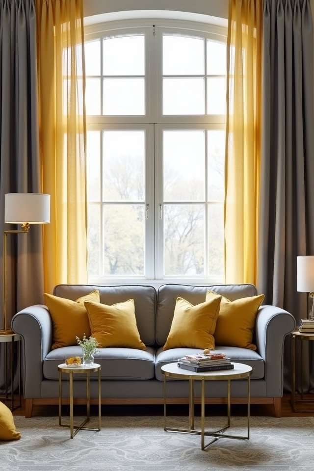 stylish grey curtains cheerful yellow