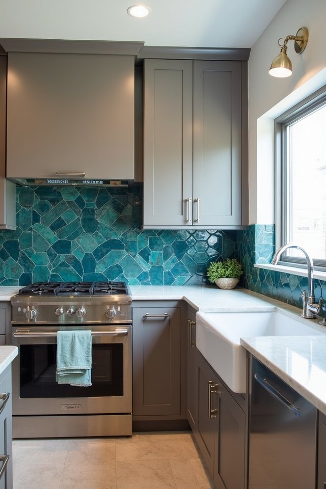 taupe cabinets bold backsplash