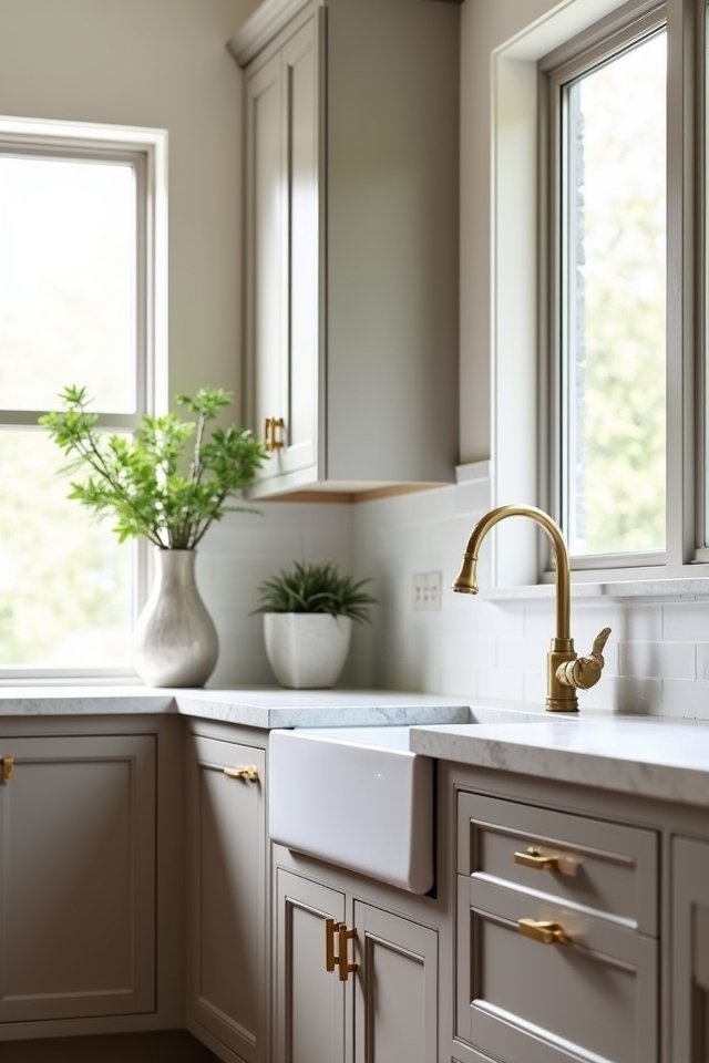 taupe cabinets brass hardware