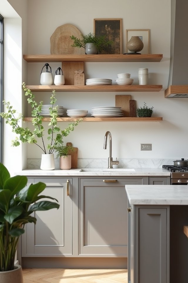taupe cabinets open shelving