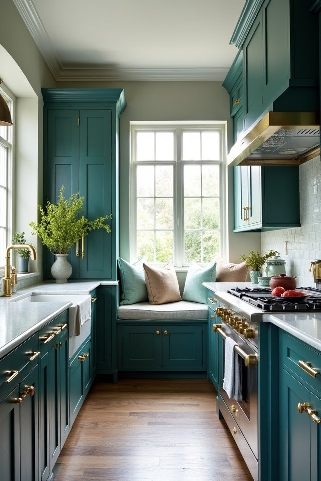 teal cabinets gold hardware