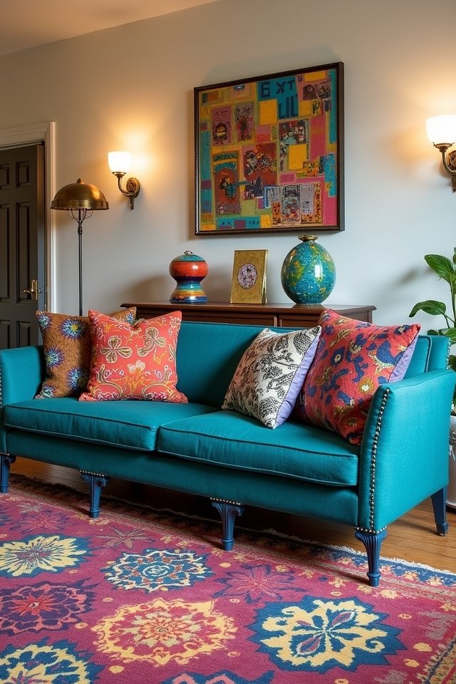 teal couch eclectic patterns