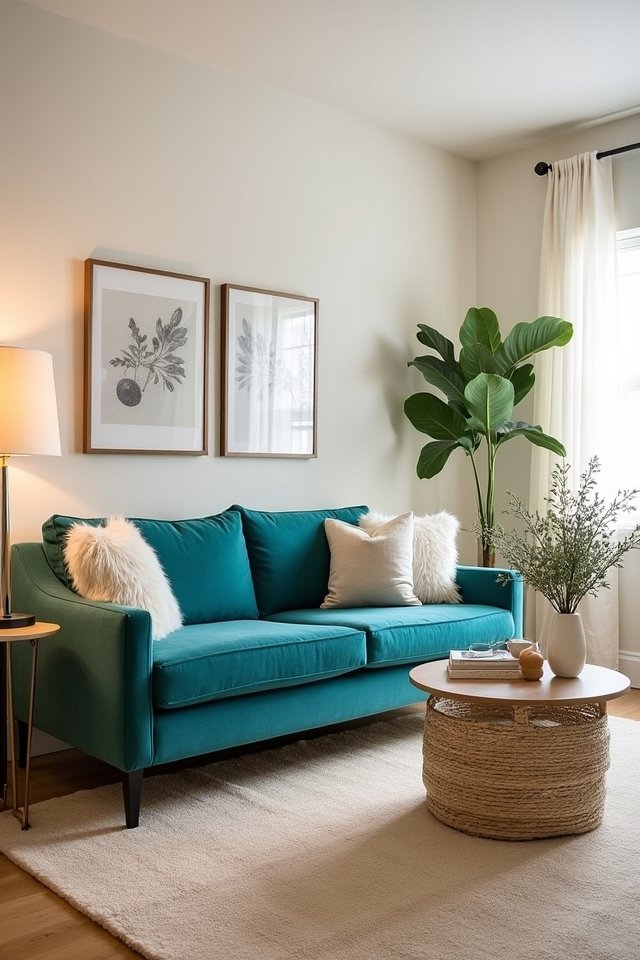 teal couch in neutrals