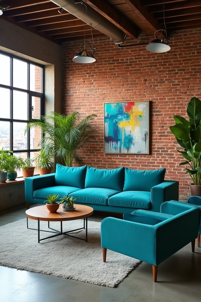 teal couch industrial chic decor