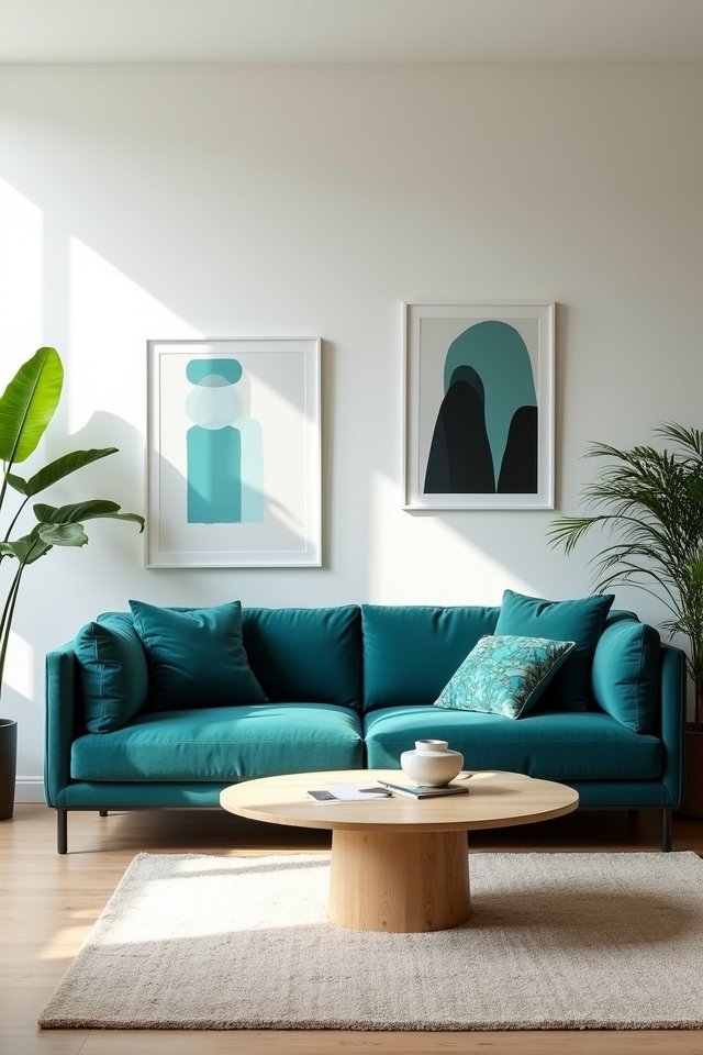 teal couch minimal decor
