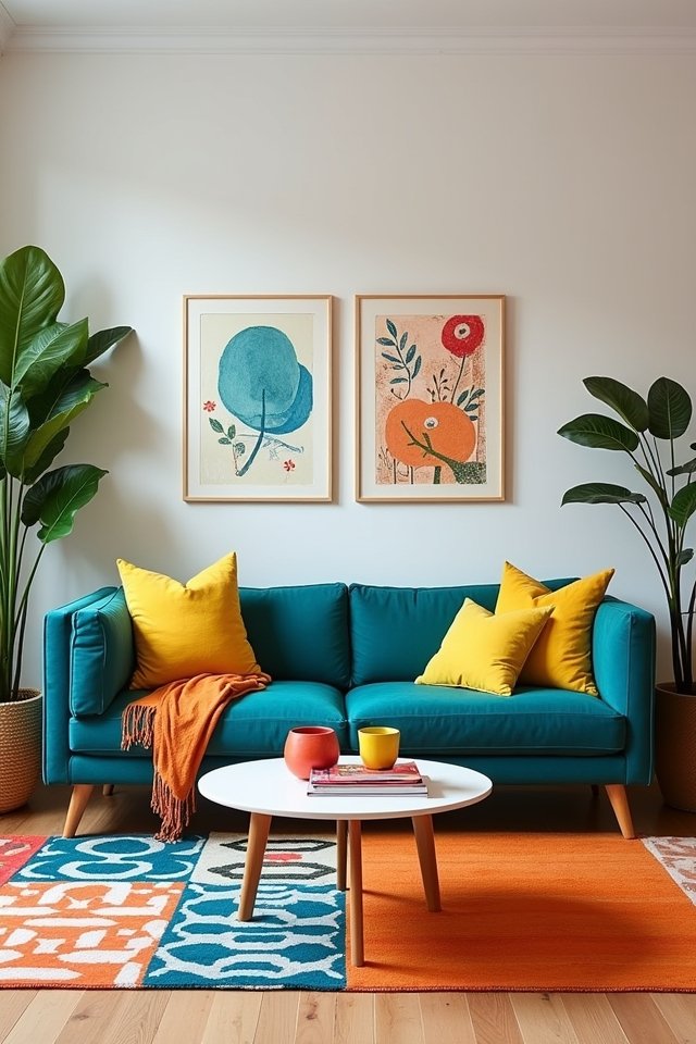 teal couch with vibrant accents