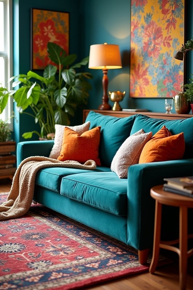 teal couch with vibrant layers