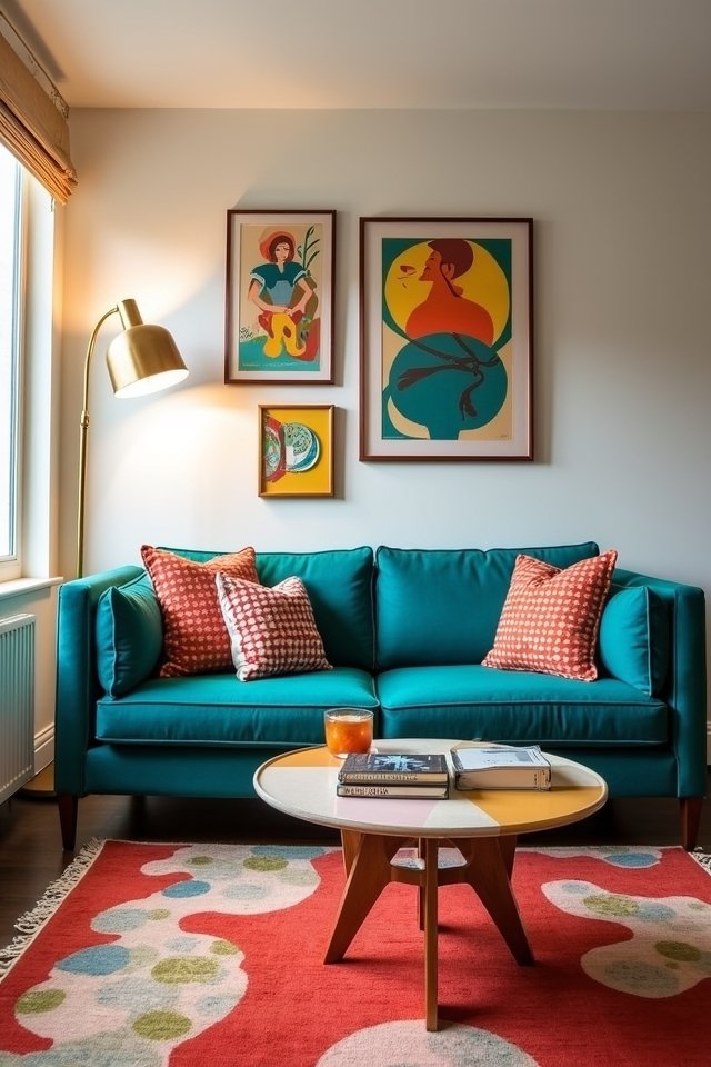 teal couch with vintage accents