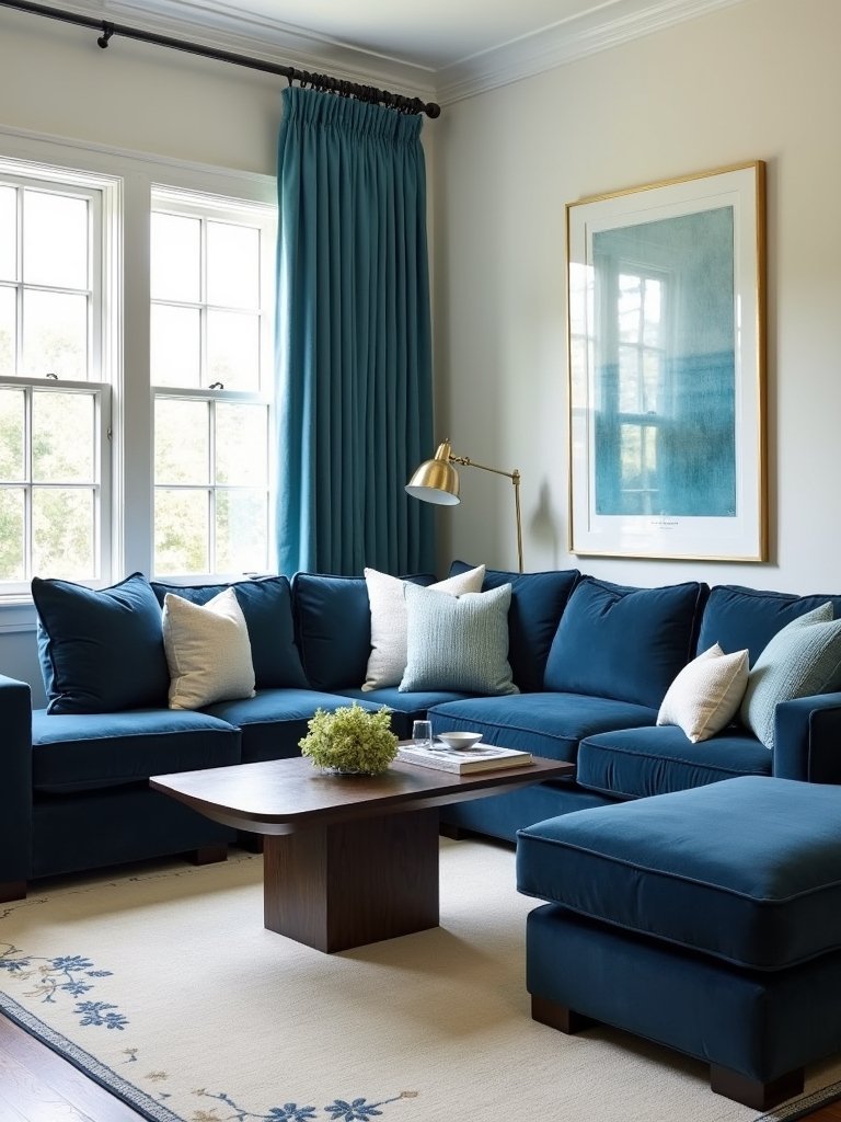 teal curtains dark blue sectional