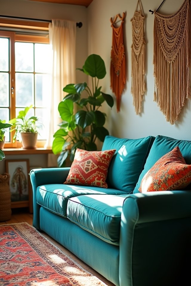 teal sofa bohemian decor