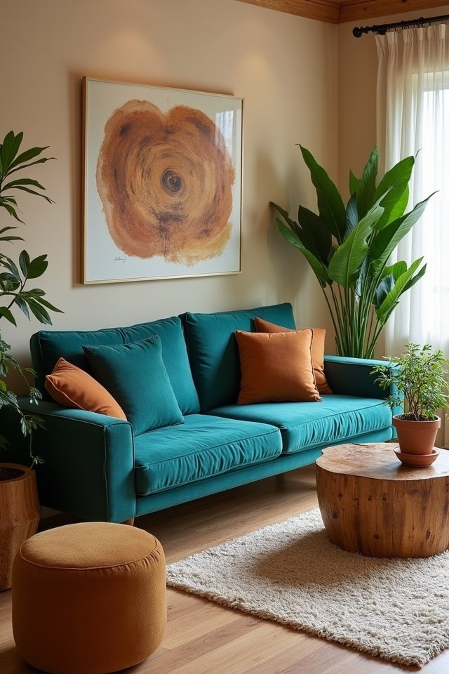 teal sofa earthy accents