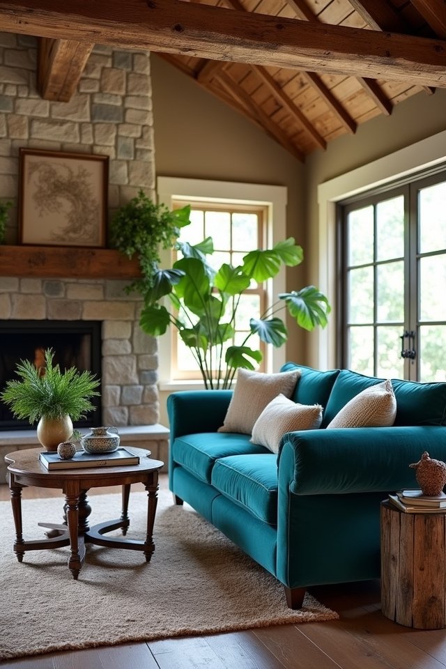 teal sofa rustic charm