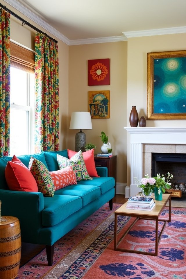 teal sofa vibrant patterns