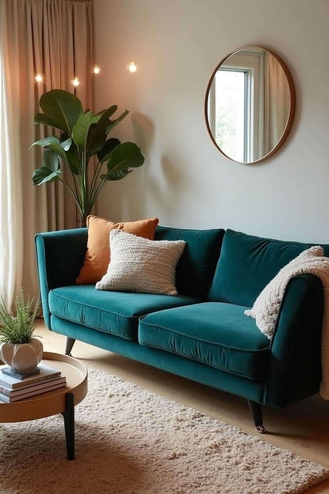 teal sofa warm neutrals
