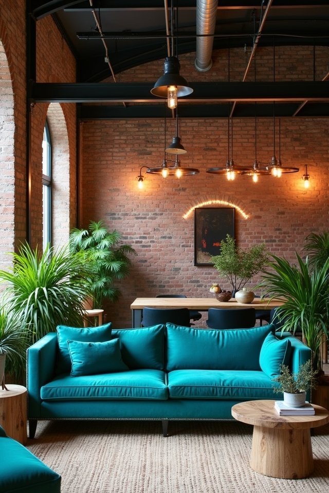 teal sofas enhance industrial spaces