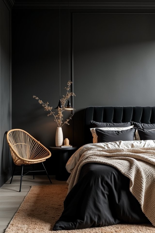 textured black bedroom design