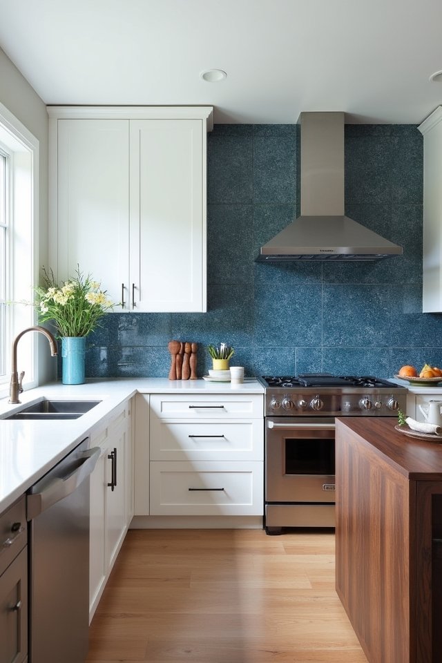 textured blue stone backsplash