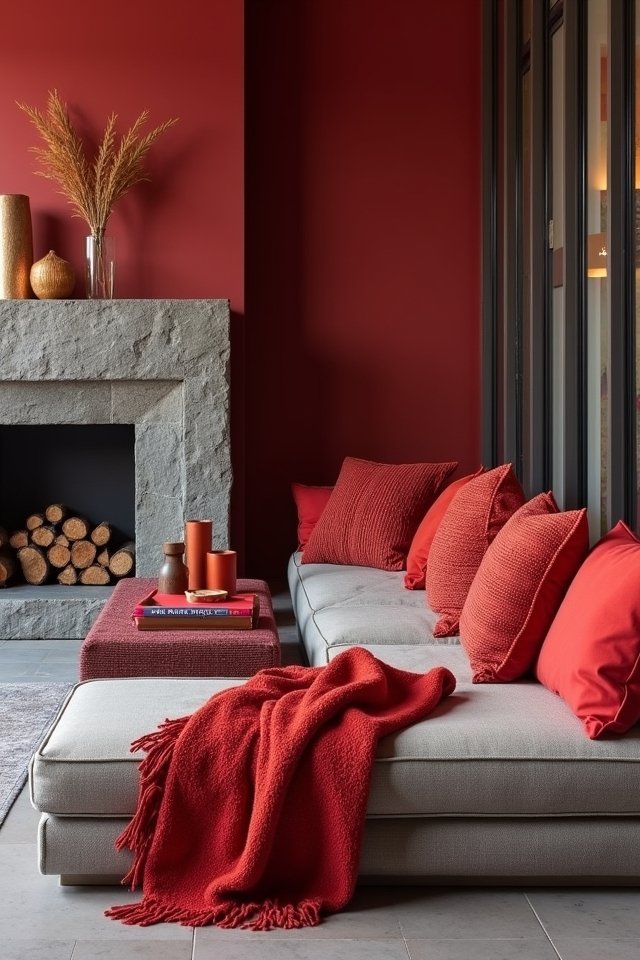textured red cushions contrast