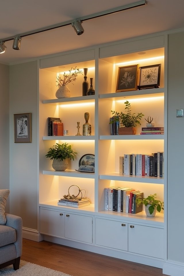 track lighting enhances shelving