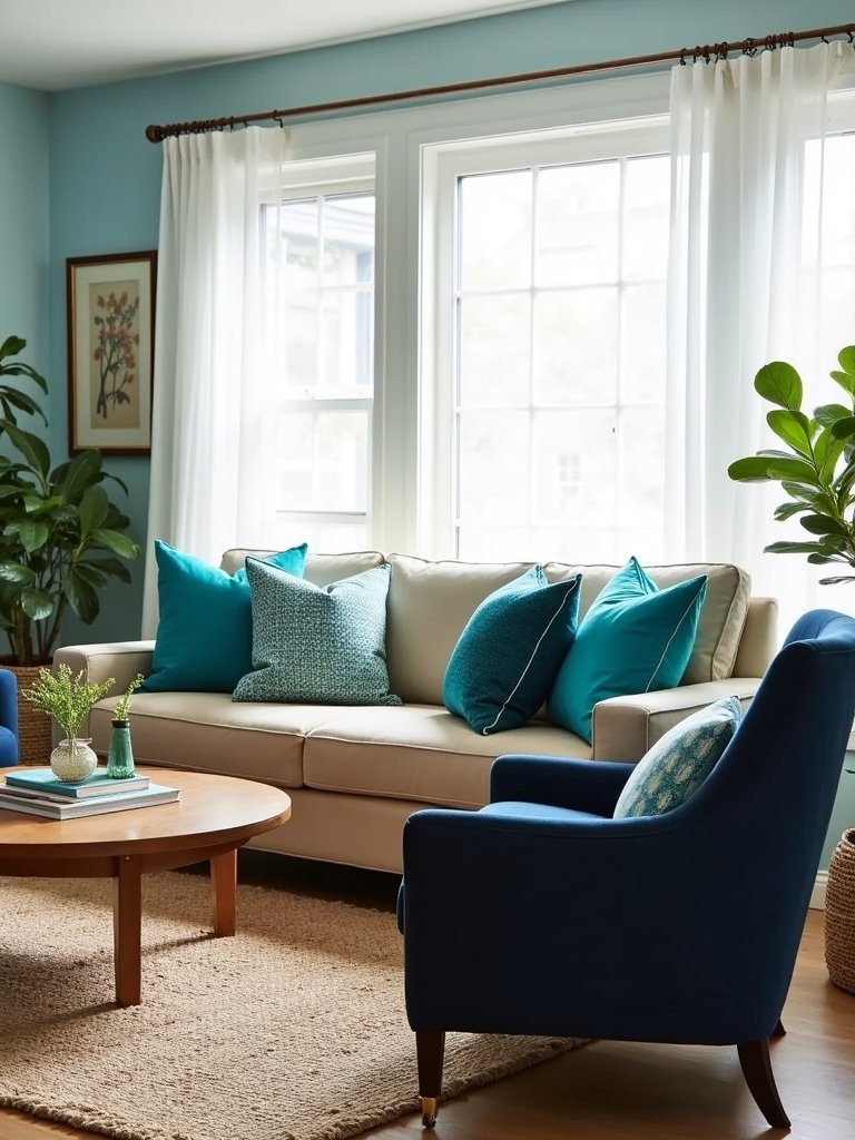 turquoise cushions on beige couch