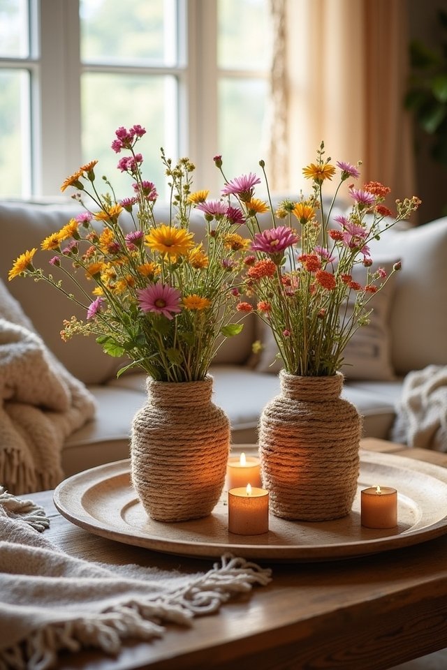 twine wrapped rustic flower vases
