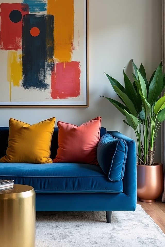 vibrant accents enhance blue velvet