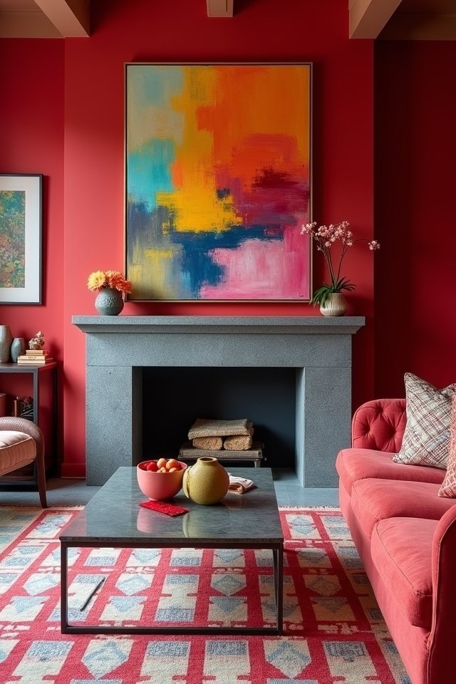 vibrant artwork enhances fireplace