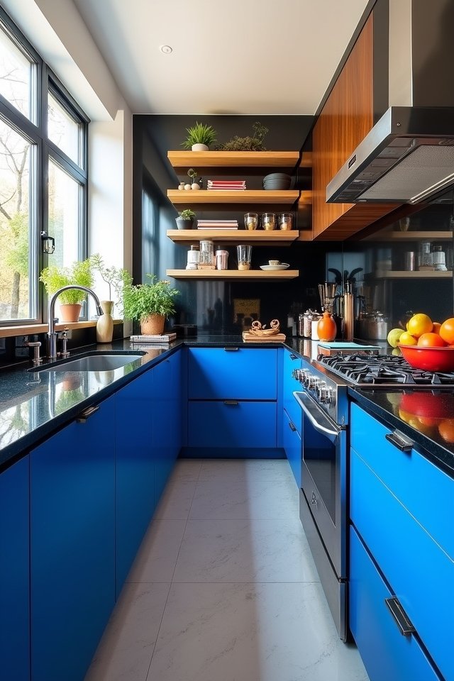 vibrant blue and black kitchen