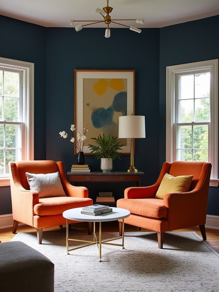 vibrant orange navy decor