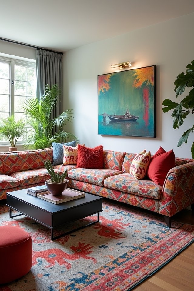 vibrant patterned sofa styling