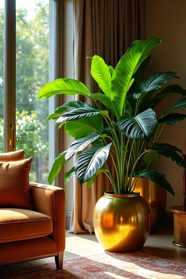 vibrant plants in gold planters
