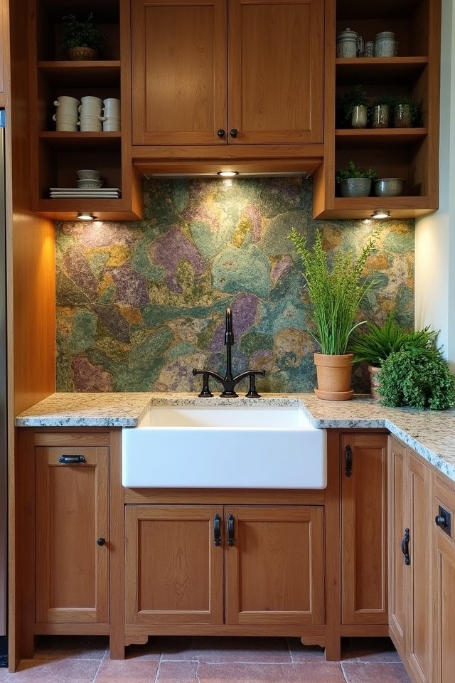 vibrant quartzite kitchen backsplash