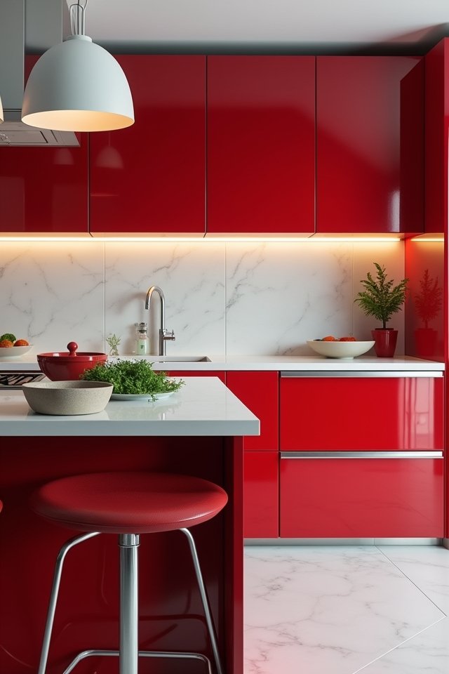 vibrant red and white kitchen