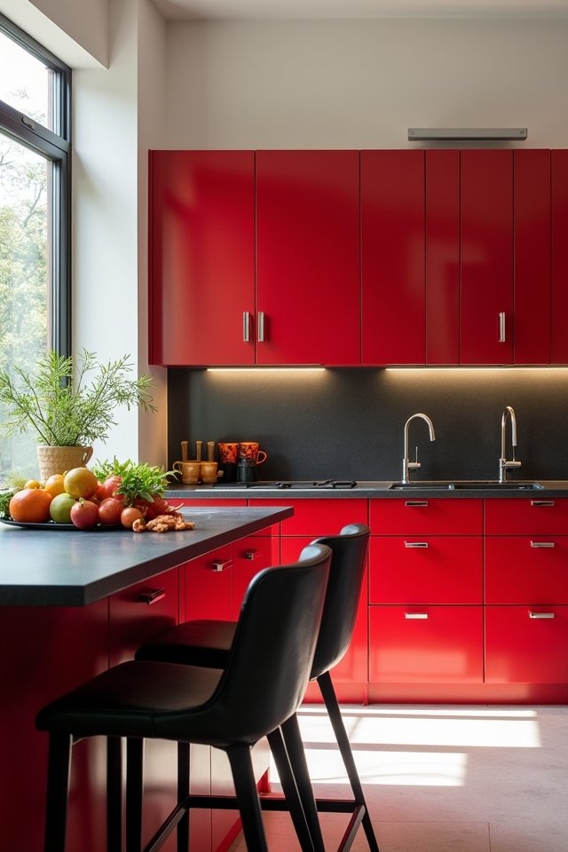 vibrant red charcoal kitchen