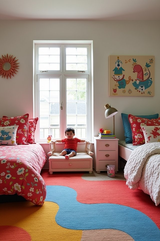 vibrant rugs define cozy zones